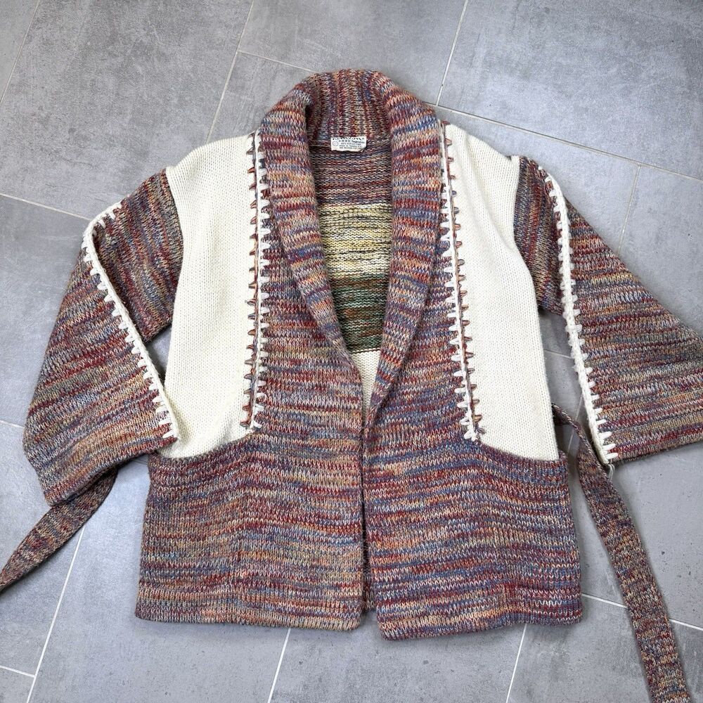 VTG 70s Kimlon Sweater S/M Colorful Ivory Patchwork Belted Cardigan SouthWestern
